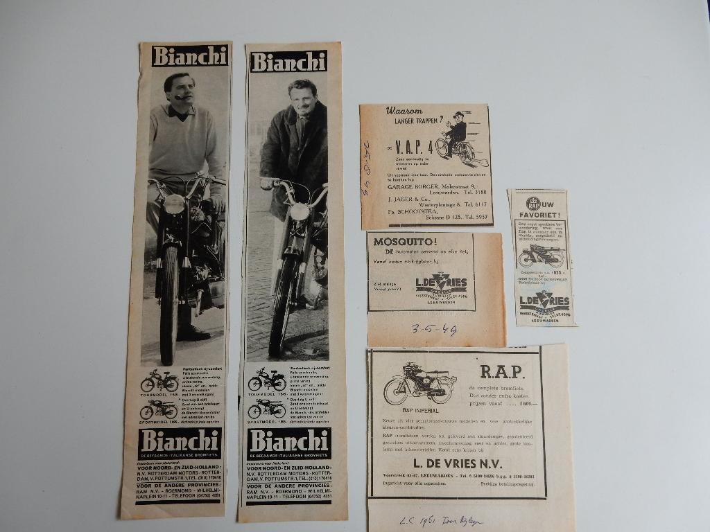 Reclame adv. uit kranten diversen brommers o.a. Rap Imperial, Ophalen of Verzenden, 1940 tot 1960, Nederland, Knipsel(s)