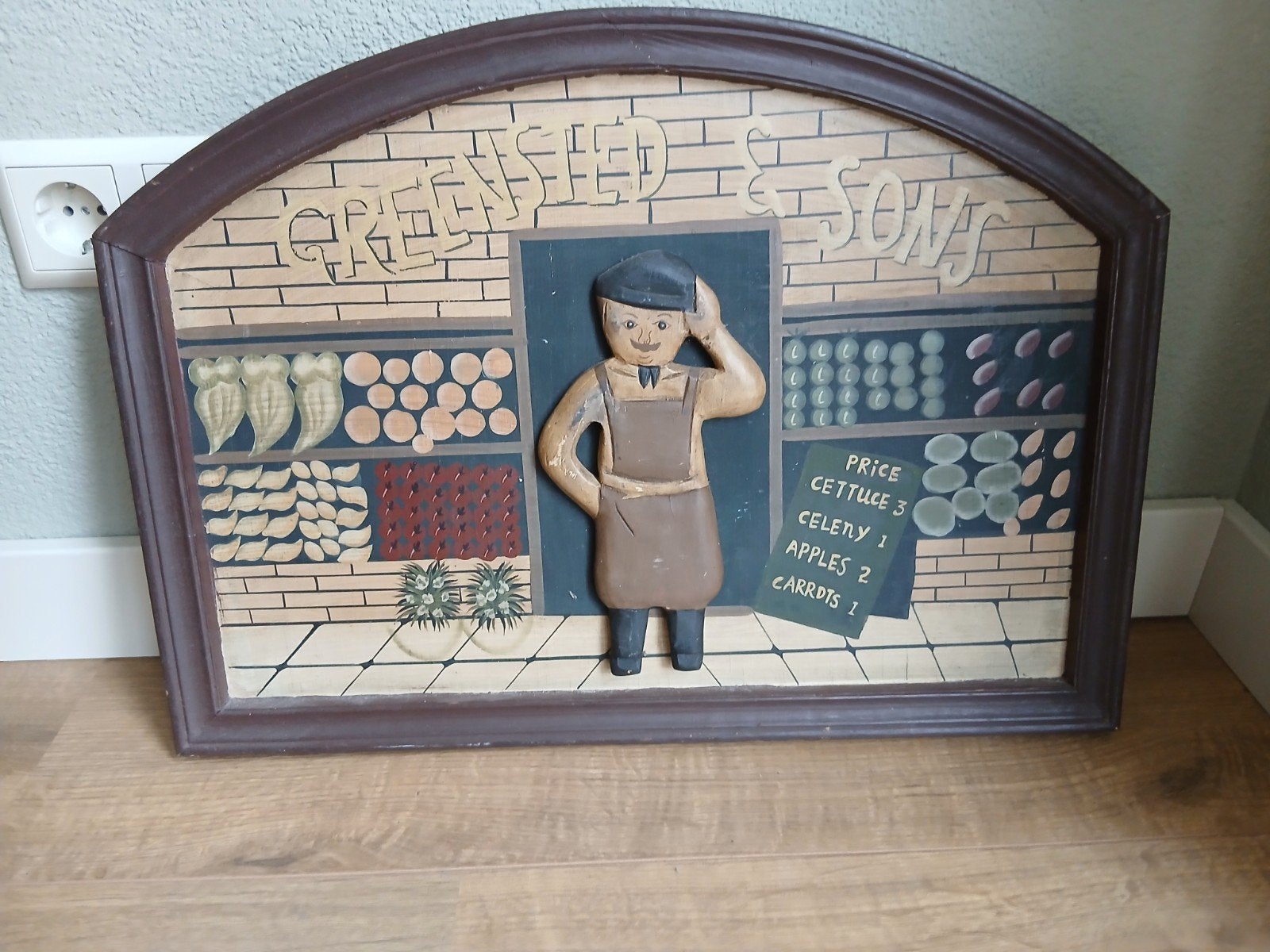 Houten wanddecoratie 'Greenseed & Sons' groenteboer, Ophalen of Verzenden