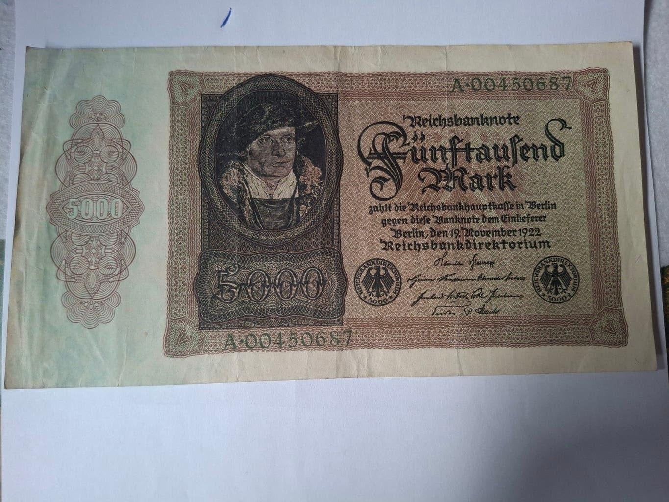 2 x Duits bankbiljet van 5000 mark uit 1922, Verzenden, Duitsland, Los biljet