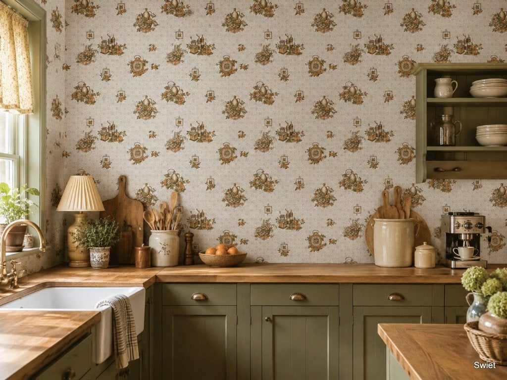 13949 retro behang keuken fruit mand molen jaren 50 swiet, Ophalen of Verzenden, Beige