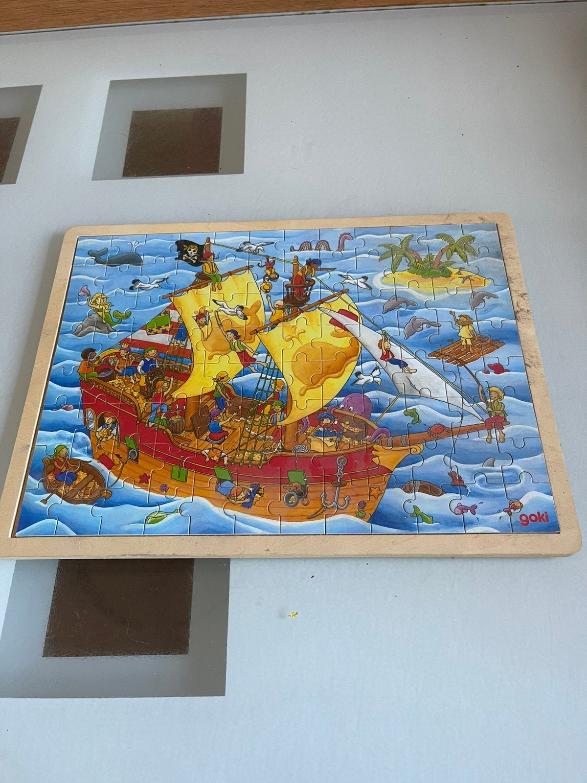 Goki houten piraten puzzel 96 stukjes, 2 tot 4 jaar, Zo goed als nieuw, Van hout, Meer dan 50 stukjes