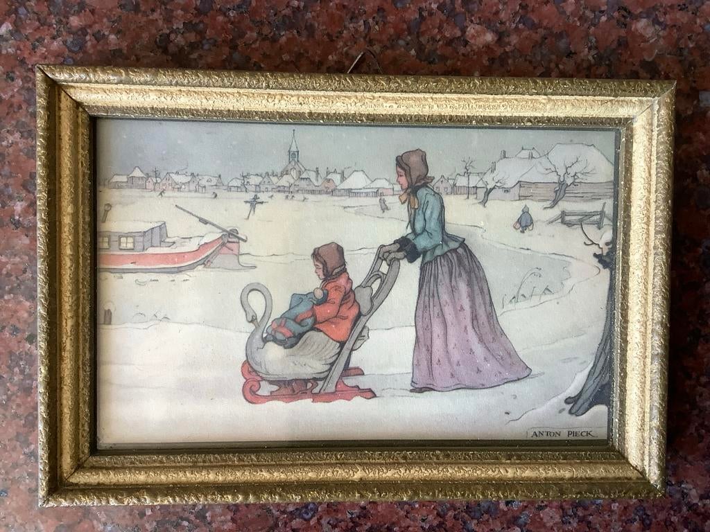 Anton Pieck Prent Winterlandschap met Slede, Ophalen of Verzenden