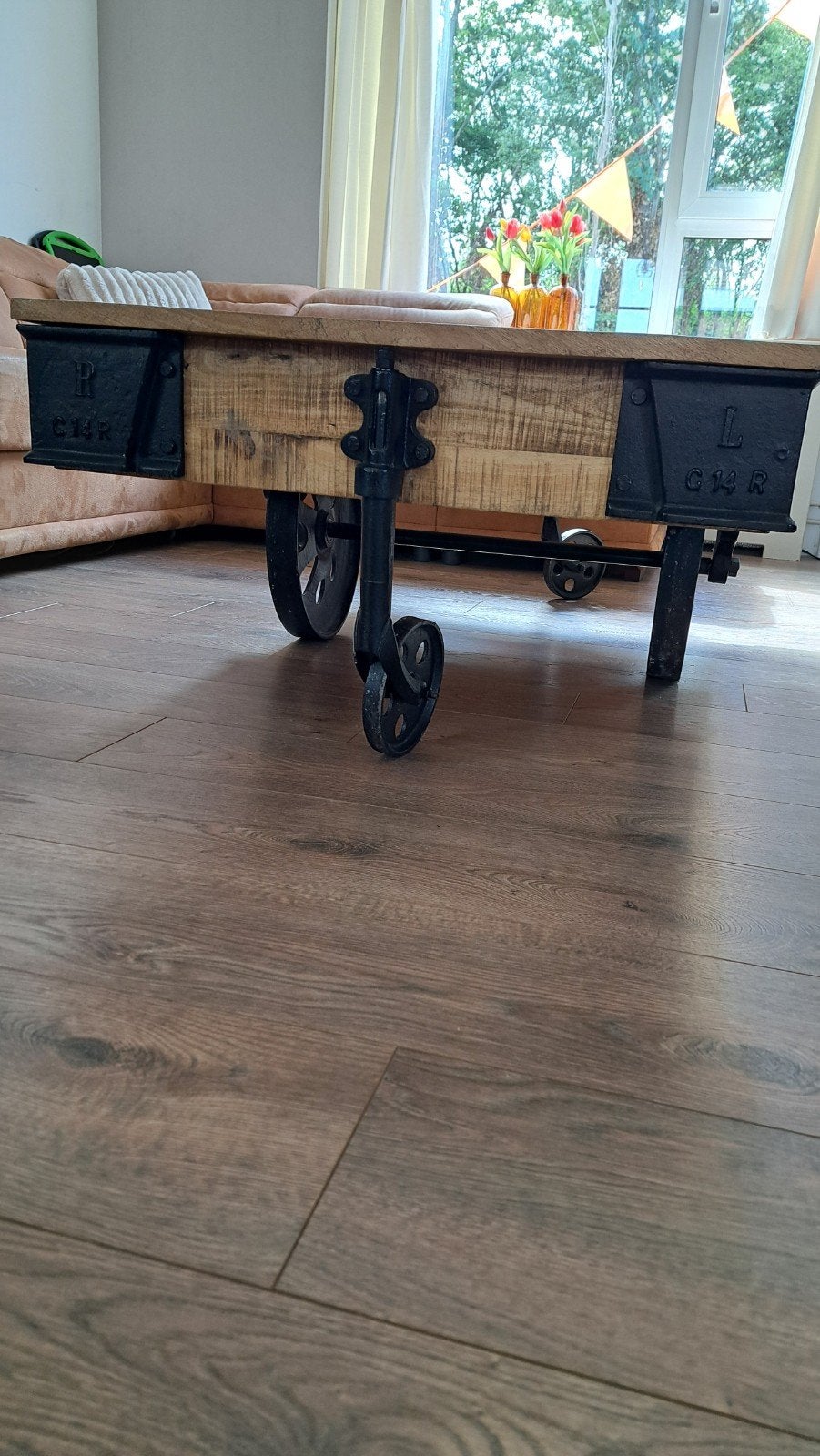 Industriële salontafel op wielen - 137x76x45 cm, Gebruikt, 100 tot 150 cm, 50 tot 100 cm, Industrieel