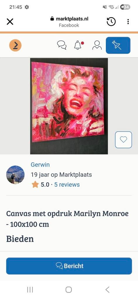 Prachtig schilderij Marilyn Monroe 100x100cm, Ophalen of Verzenden