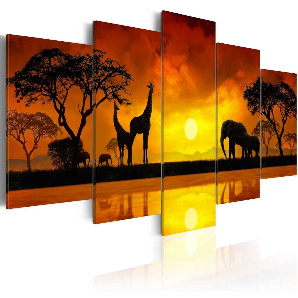 528 Afrika Giraffe Olifant 5 Luik Canvas Schilderij 200x100, Ophalen of Verzenden, Nieuw, 125 cm of meer, Schilderij