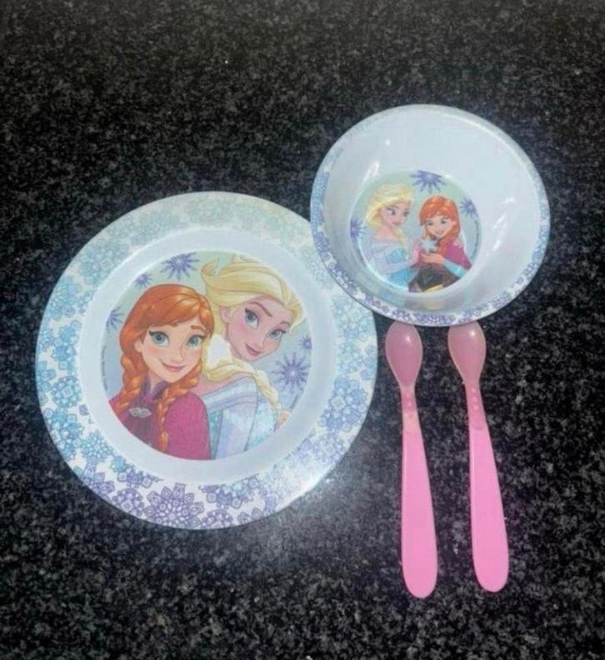 Frozen bordje, schaaltje & lepels Anna & Elsa, Kinderen en Baby's, Ophalen of Verzenden, Gebruikt