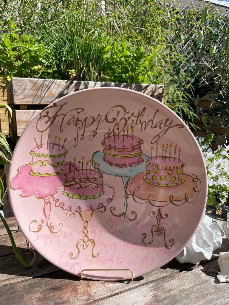 Happy Birthday Taartbord - Roze met Taartjes - 30 cm, Huis en Inrichting, Ophalen, Zo goed als nieuw, Bord(en), Overige stijlen