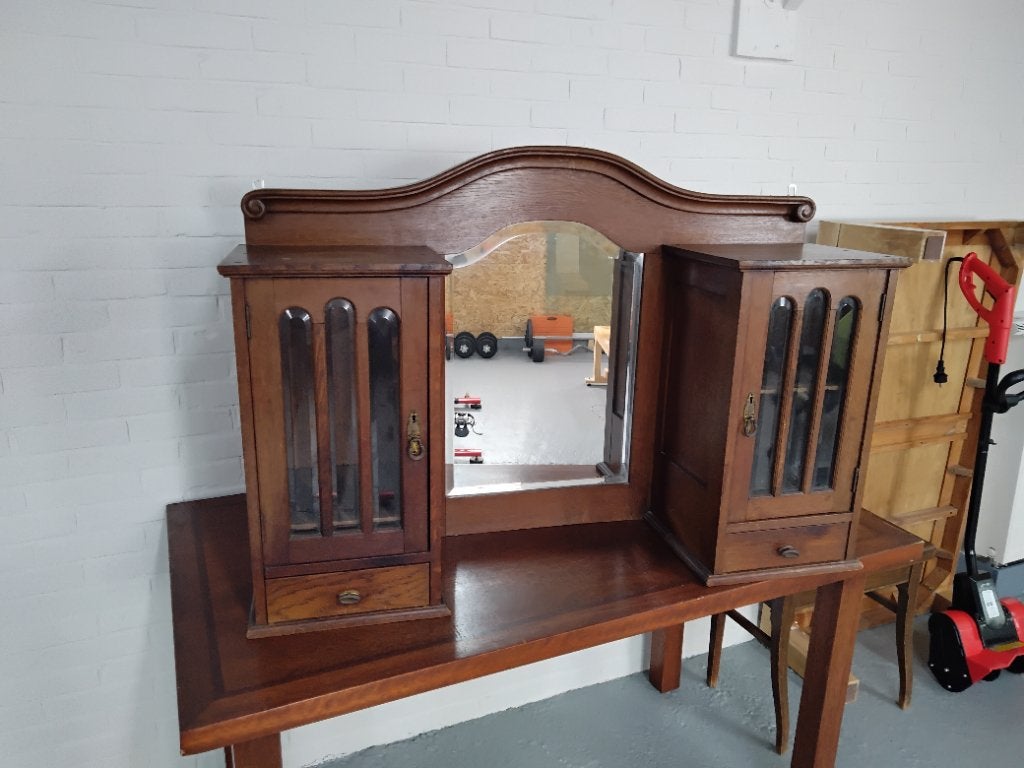 Buffet bovenkast met geslepen glas kastdeurtjes en spiegel, Ophalen, Gebruikt, Met lade(s), Overige houtsoorten
