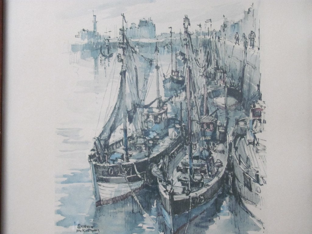 Jan Korthals (1916-1972) - haven van Oostende, Gebruikt, Ophalen of Verzenden, 1940 tot 1960, Prent