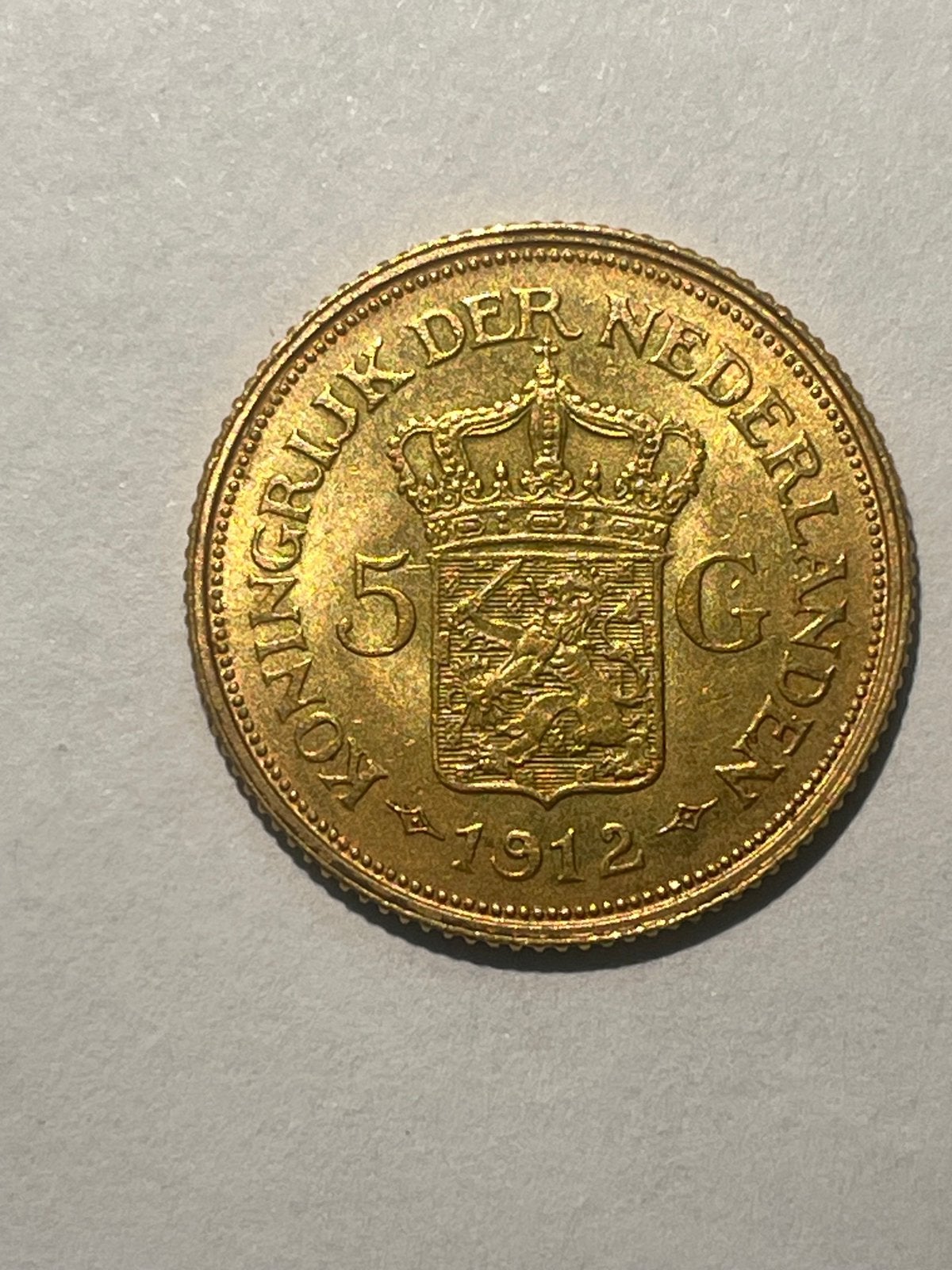 Gouden 5 euro munt 1912 Wilhelmina, 5 gulden, Koningin Wilhelmina, Losse munt, Goud