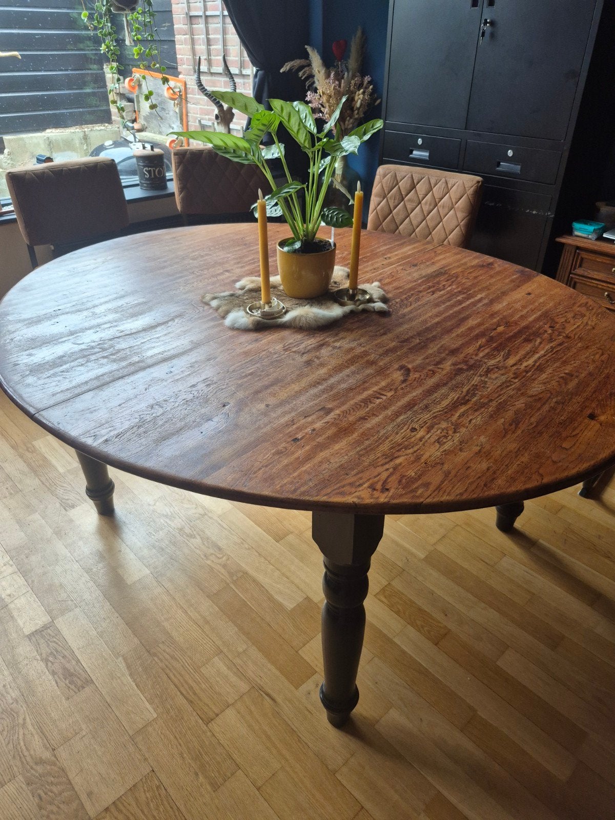 Robuuste Eikenhouten Eettafel - Rond, Ophalen, Gebruikt, 100 tot 150 cm, Rustiek