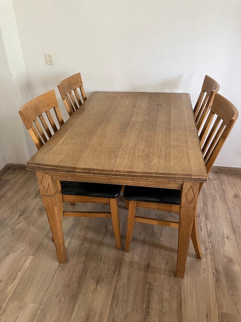 eettafel en stoelen, Ophalen, Gebruikt, Eikenhout, 200 cm of meer