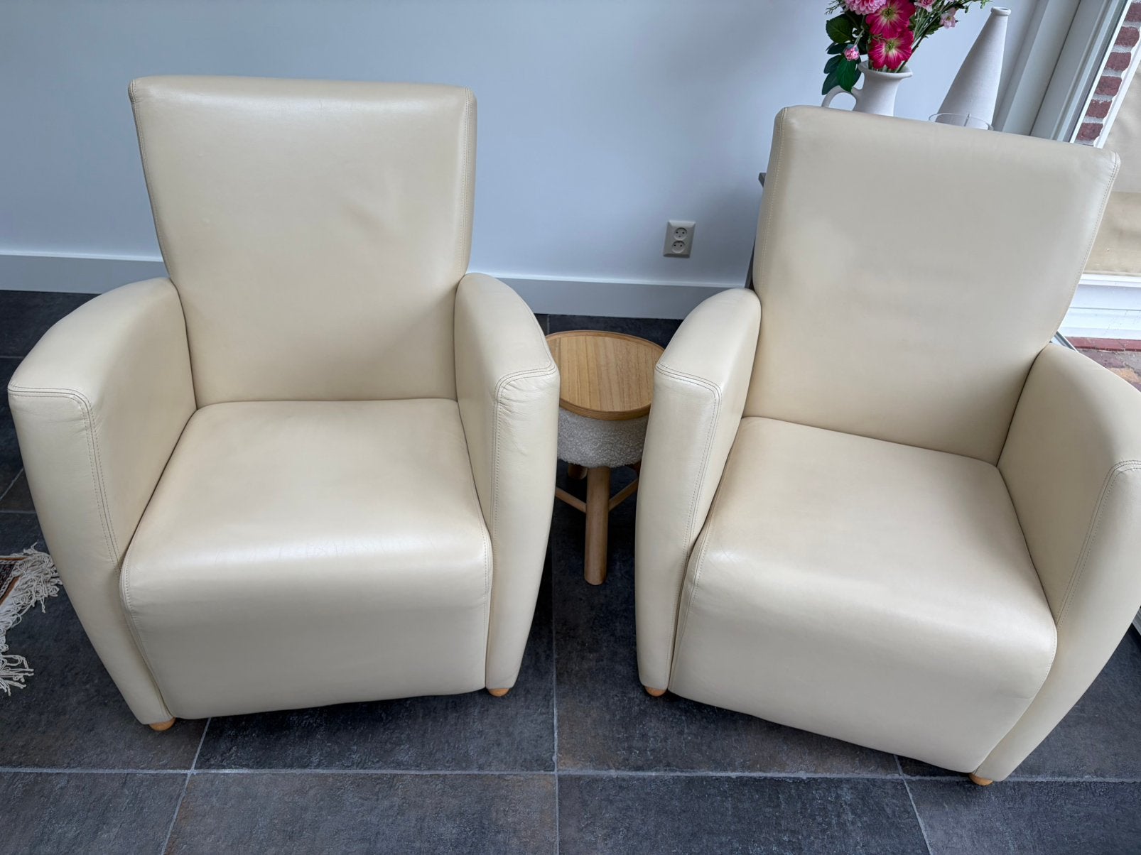 2 leren fauteuils creme kleur, Ophalen, Gebruikt, 50 tot 75 cm, Leer