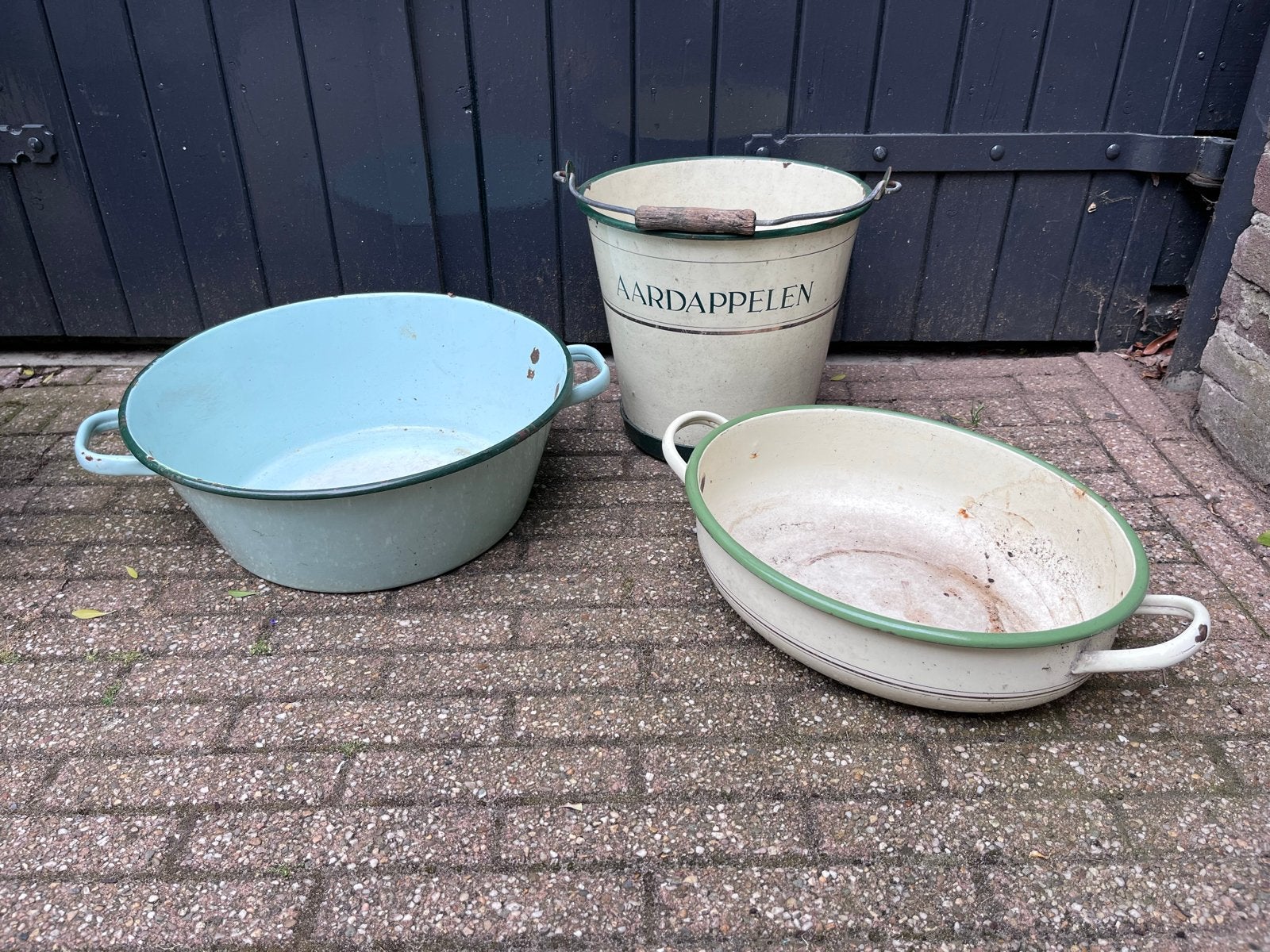 Vintage emaille emmer schalen wit mint blauw, Antiek en Kunst, Antiek | Emaille, Ophalen of Verzenden