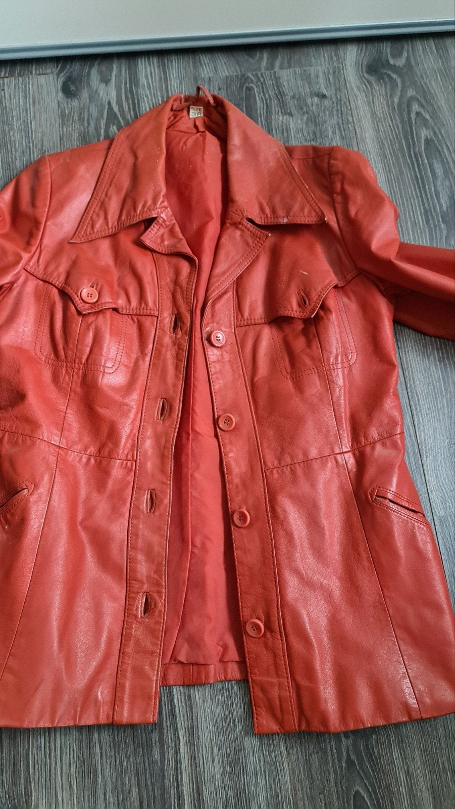 Vintage Oranje Leren Jasje Jaren '70 - Maat 38, Kleding | Dames, Ophalen of Verzenden, Gedragen, Maat 38/40 (M), Oranje