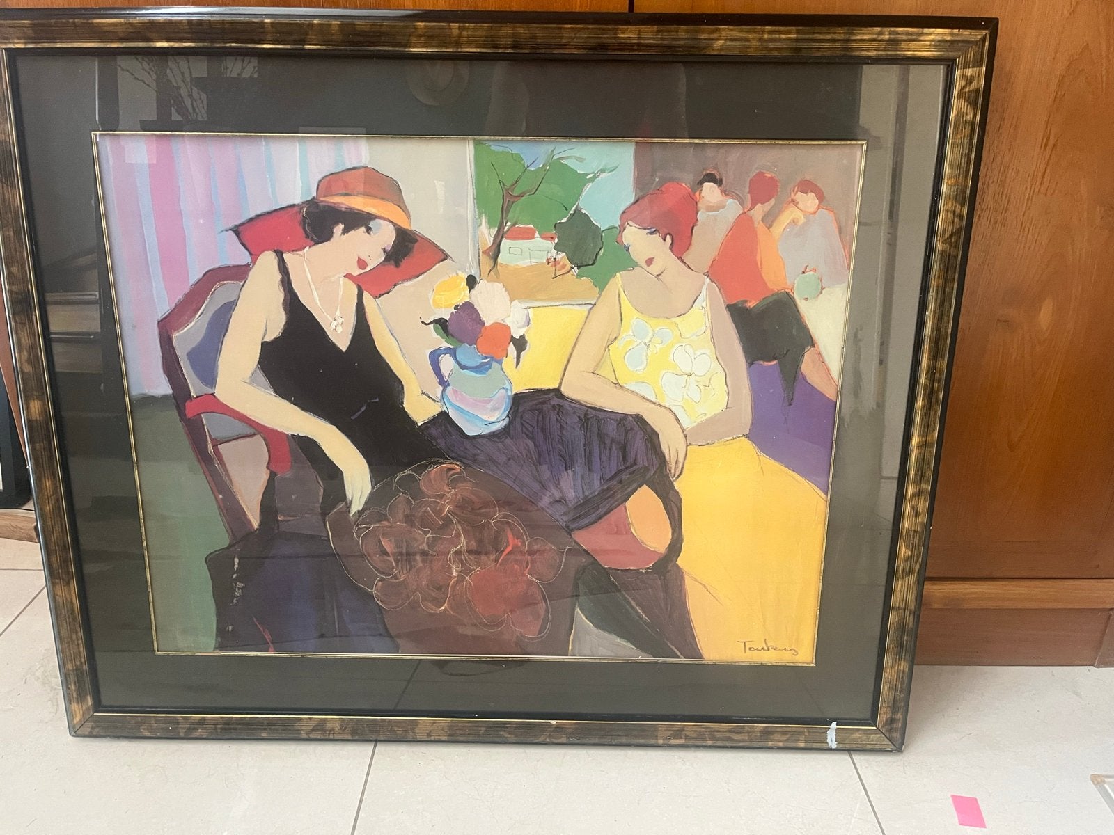 Schilderij 'Vrouwen in Café' - 106x86 cm, Antiek en Kunst, Ophalen, Ingelijst, Textiel, Figuren