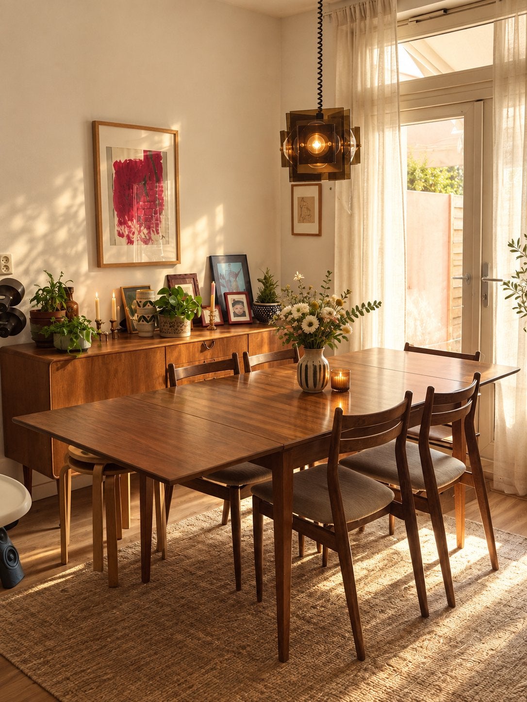 4 vintage jaren 60 teak eetkamerstoelen +uitschuifbare tafel, Ophalen, Gebruikt, 50 tot 100 cm, 150 tot 200 cm