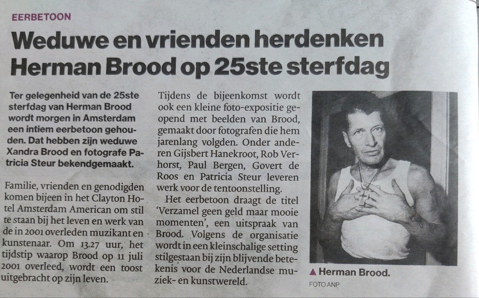 Herman Brood herdenken op  25ste sterfdag. Krantenartikel, Ophalen of Verzenden, 1980 tot heden, Nederland, Knipsel(s)