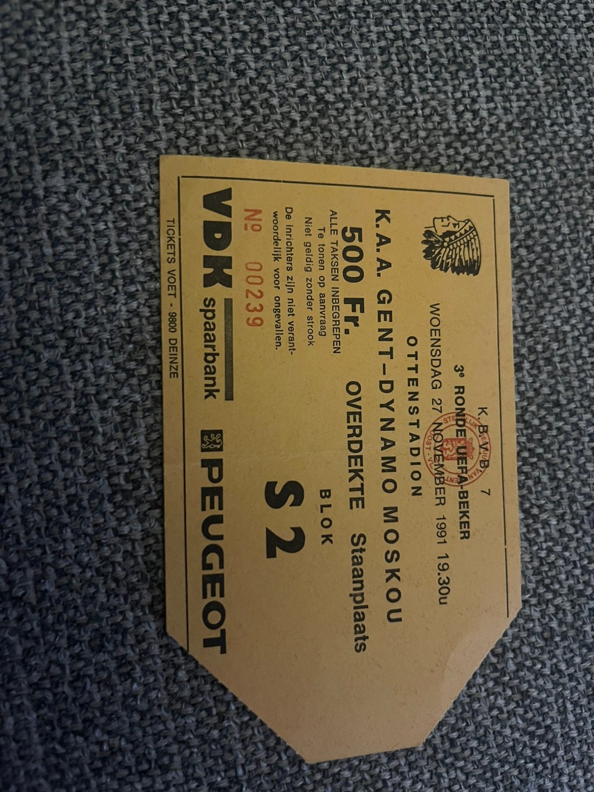 TICKET AA GENT-DYNAMO MOSKOU 91-92, Verzamelen, Ophalen of Verzenden, Zo goed als nieuw, Buitenlandse clubs, Overige typen