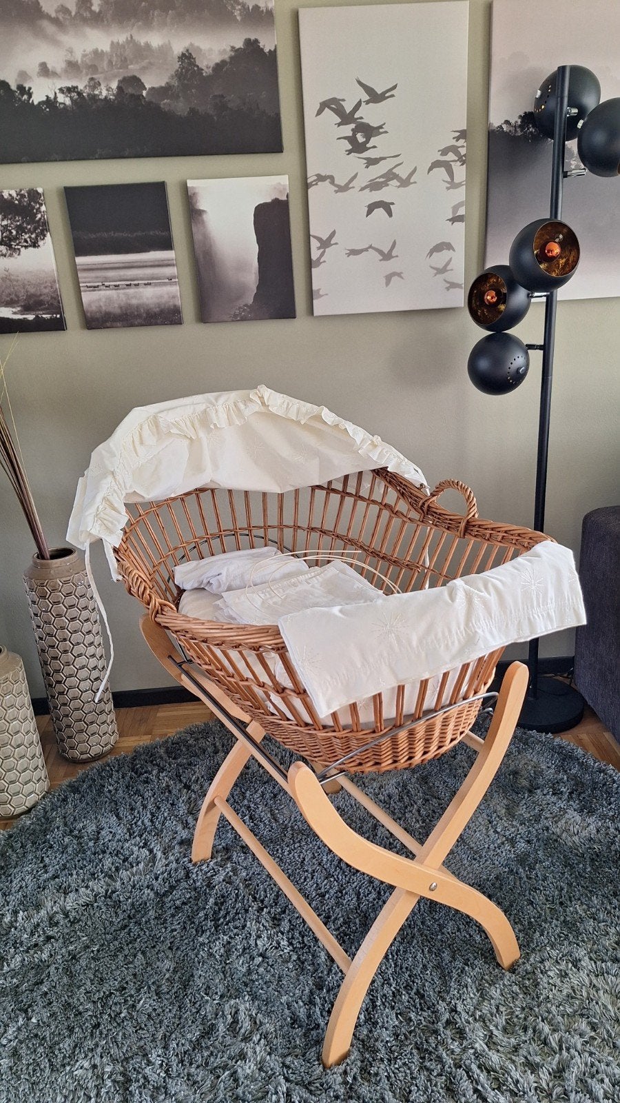 Vintage rieten wieg uit de jaren 70 met bekleding, Ophalen, Gebruikt, Wieg