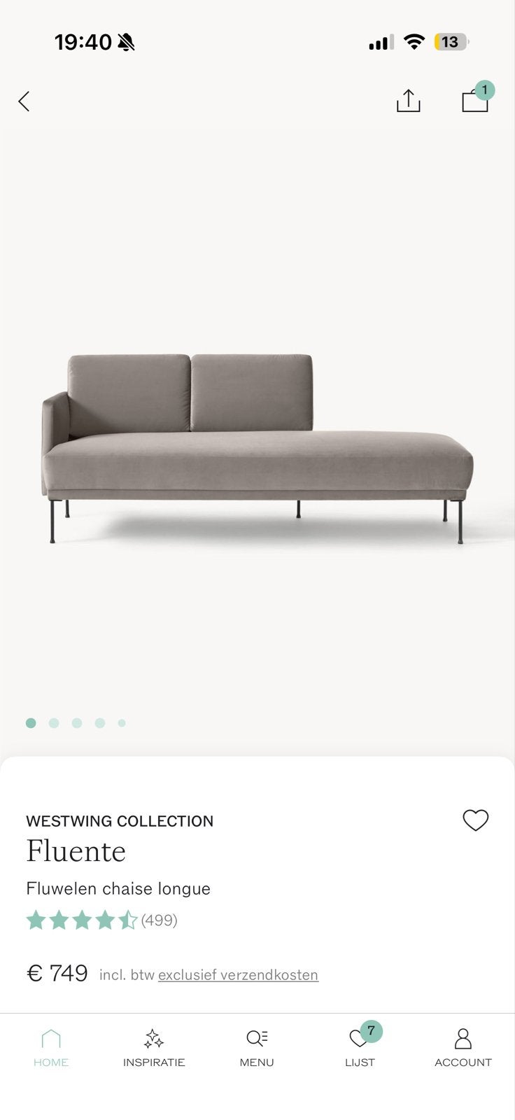Westwing Fluente Fluweel Chaise Longue, Ophalen, Zo goed als nieuw, Stof