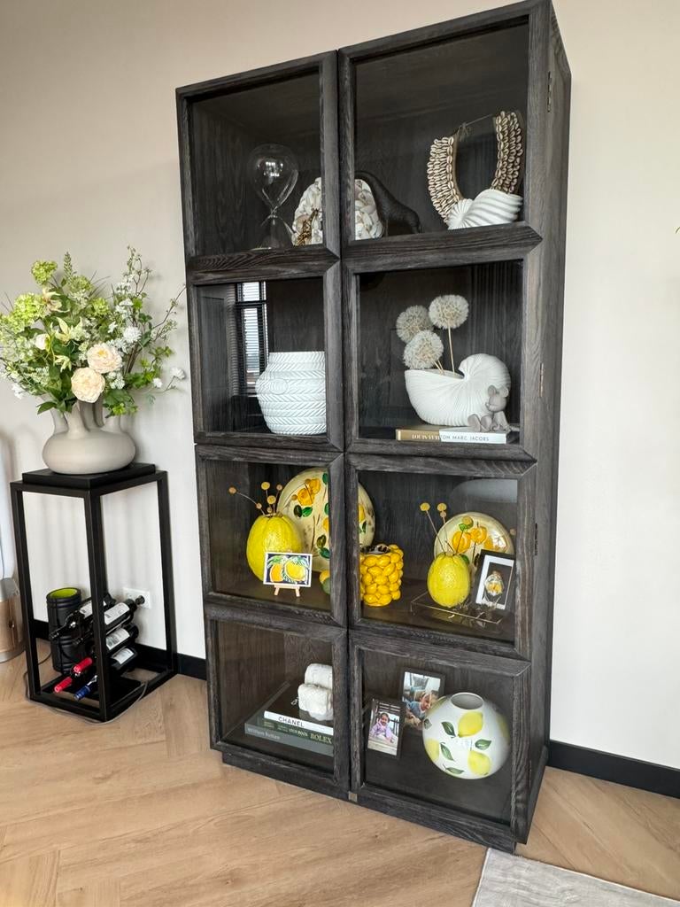 Riviera maison vitrine buffetkast zwart eikenhout Belmont, Huis en Inrichting, Ophalen, Glas, Gebruikt, 100 tot 150 cm