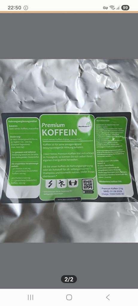 Cafeïne poeder 2 kg, Sport en Fitness, Ophalen of Verzenden, Nieuw, Poeder of Drank