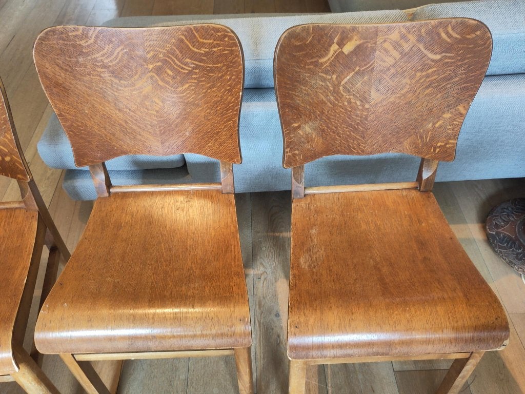 Zes vintage houten cafe stoelen, Ophalen, Gebruikt, Bruin, Vijf, Zes of meer stoelen