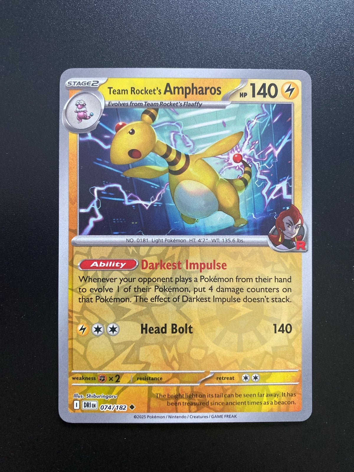 Team Rocket's Ampharos 074/182 Reverse Holo Destined Rivals, Ophalen of Verzenden, Zo goed als nieuw, Losse kaart, Foil