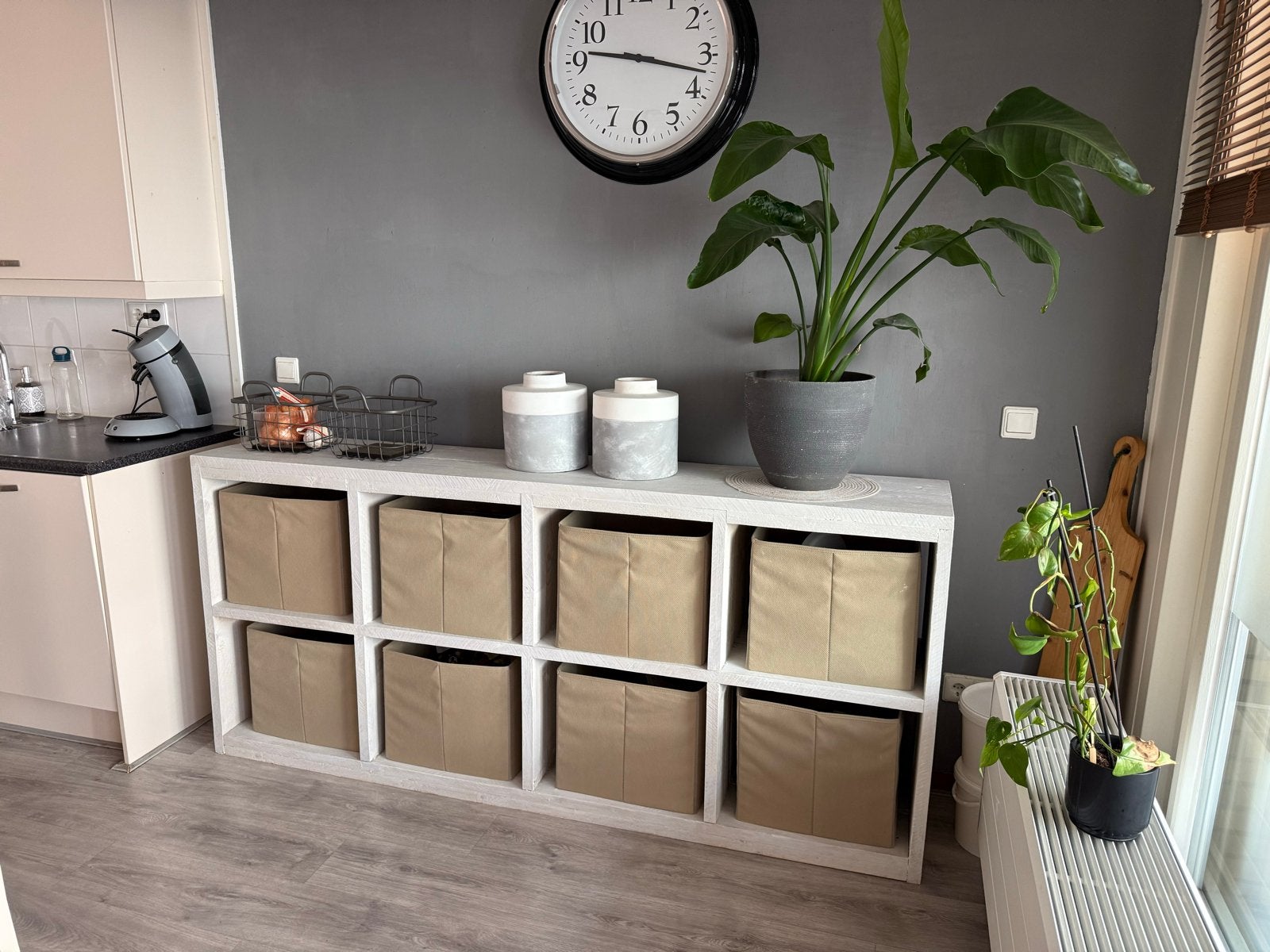Steigerhouten eettafel met leren stoelen en kast, Huis en Inrichting, Ophalen, Gebruikt, 200 cm of meer, 50 tot 100 cm
