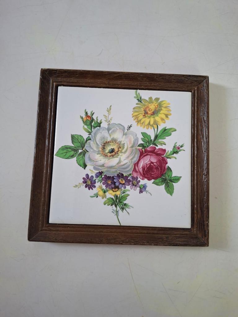 Set van 3 Vintage Bloemen Tegeltjes in Houten Lijst, Ophalen of Verzenden