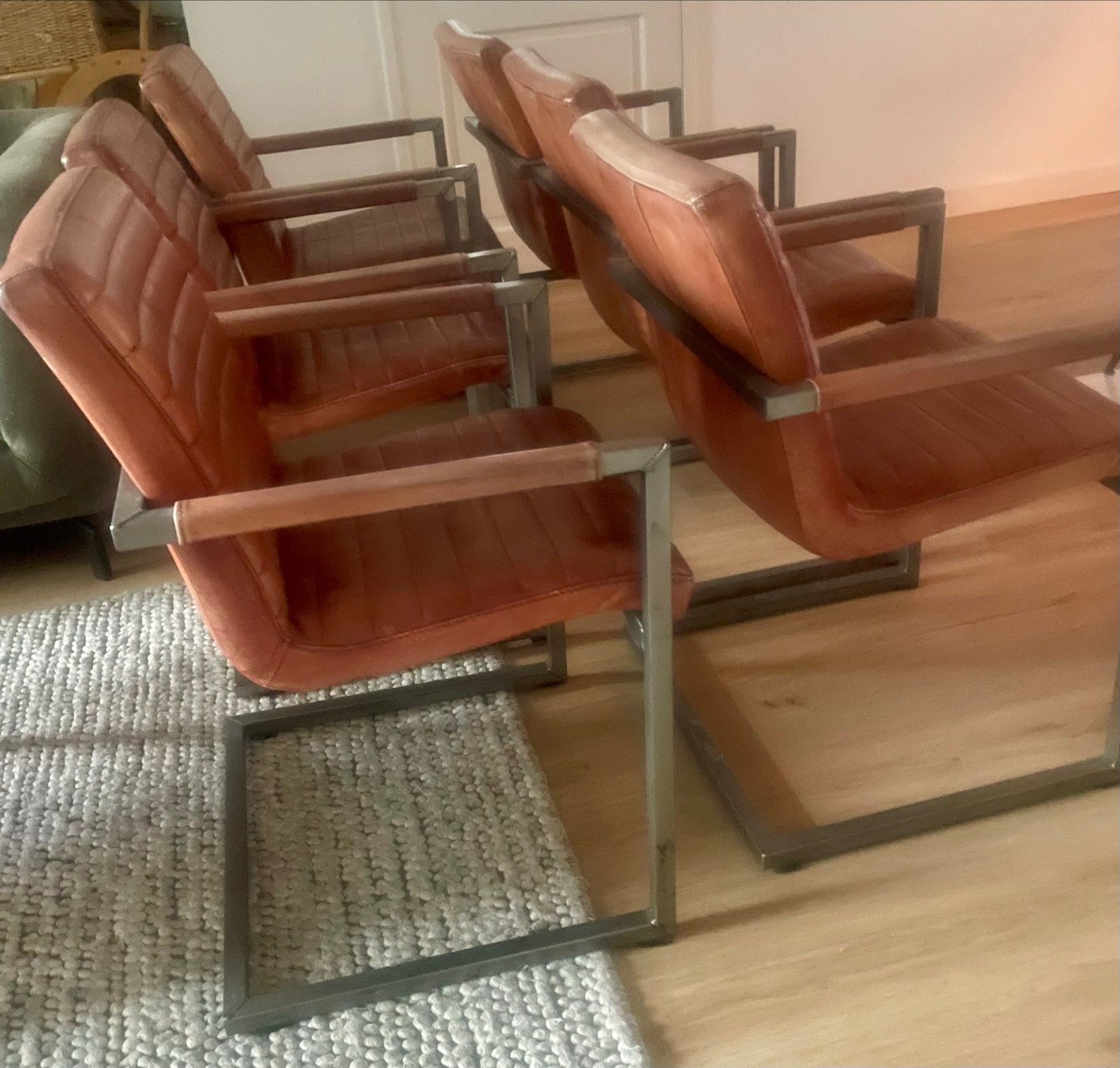 6 cognac leren eetkamerstoelen met armleuningen, Huis en Inrichting, Stoelen, Ophalen, Gebruikt, Bruin, Leer