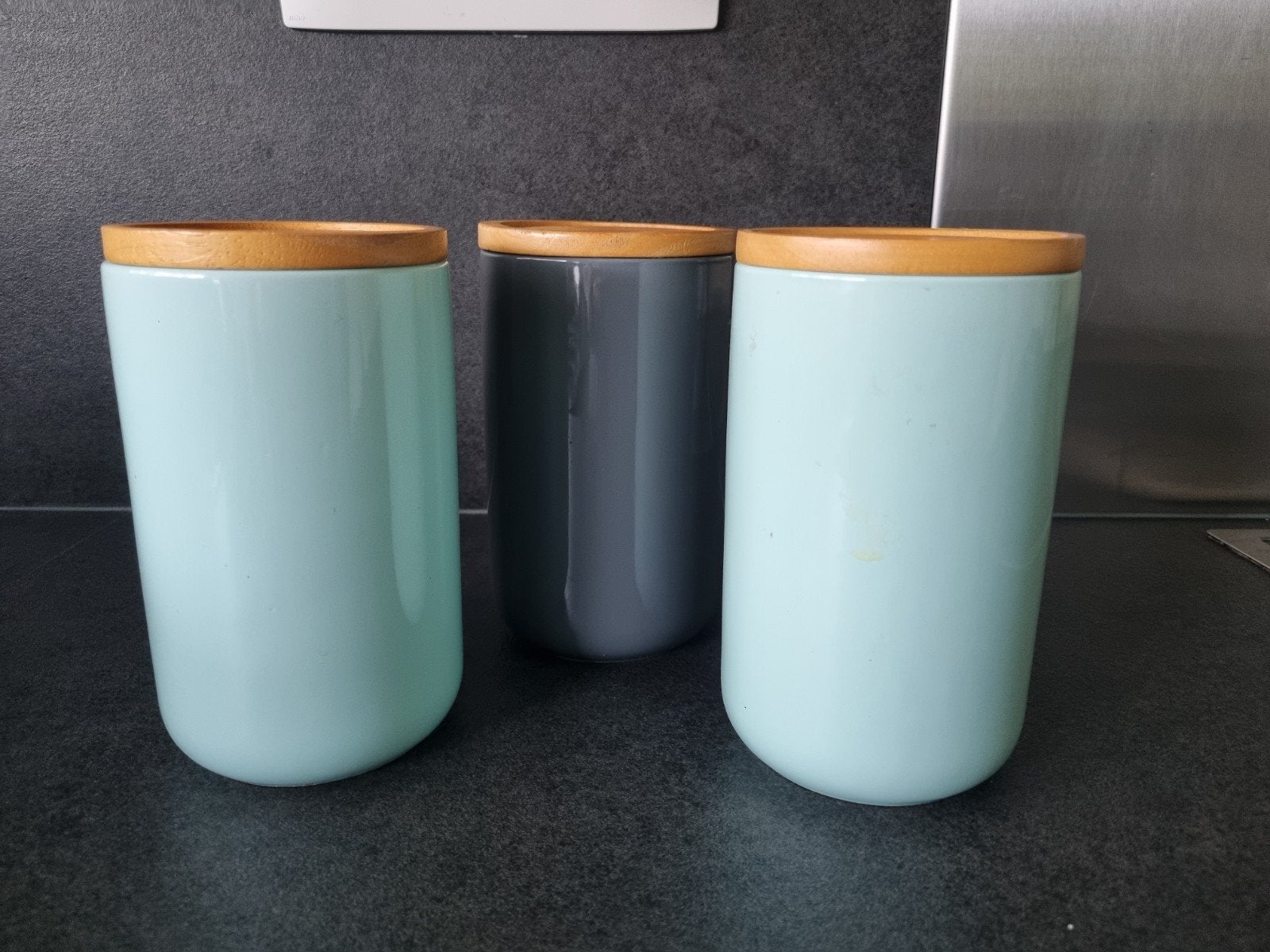 Set van 3 voorraadpotten met bamboe deksel, Blauw, Hout, Ophalen of Verzenden, Zo goed als nieuw