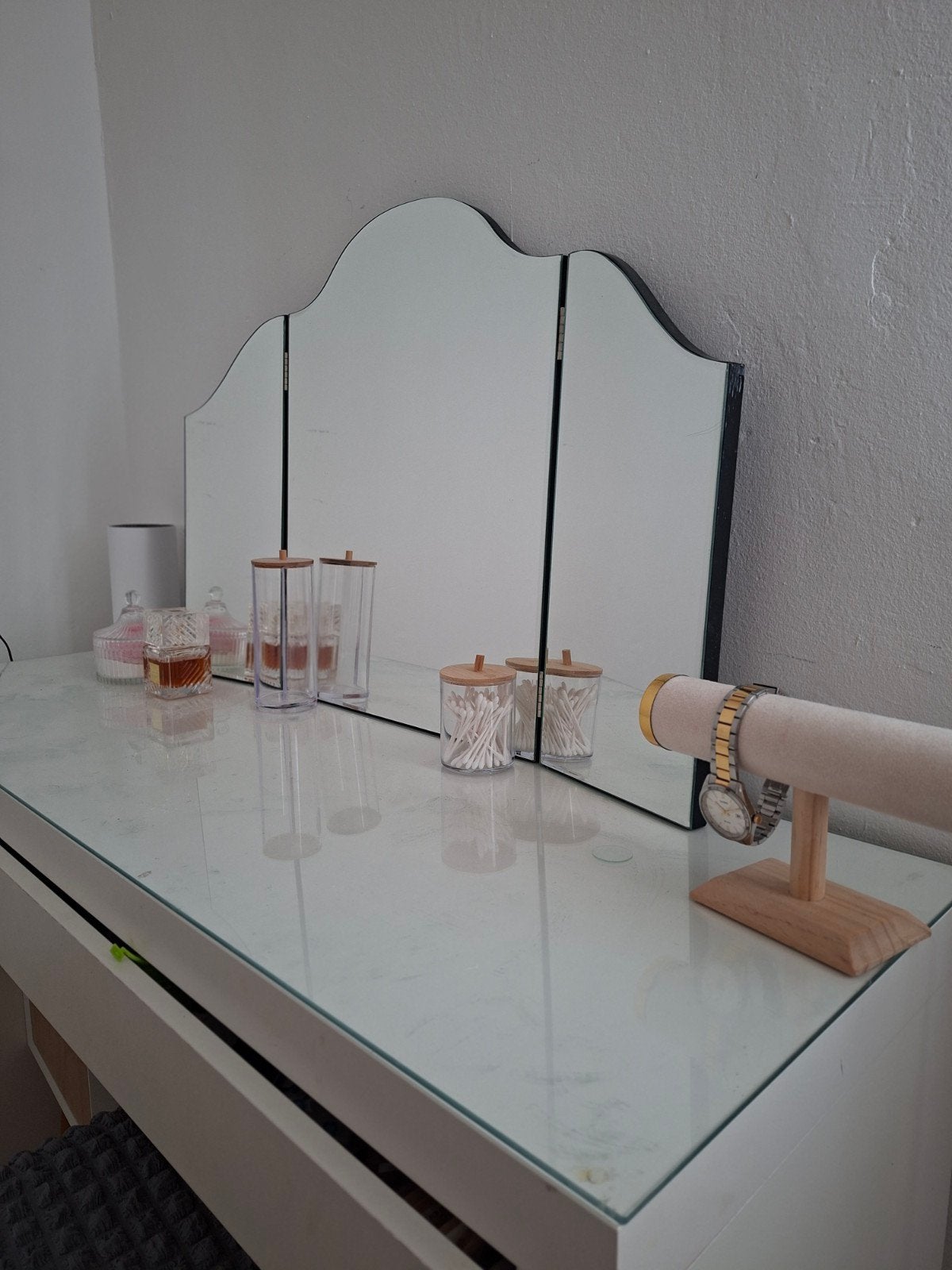 Witte kaptafel met spiegel en krukje, Gebruikt, 100 tot 150 cm, 100 tot 150 cm, Ophalen of Verzenden