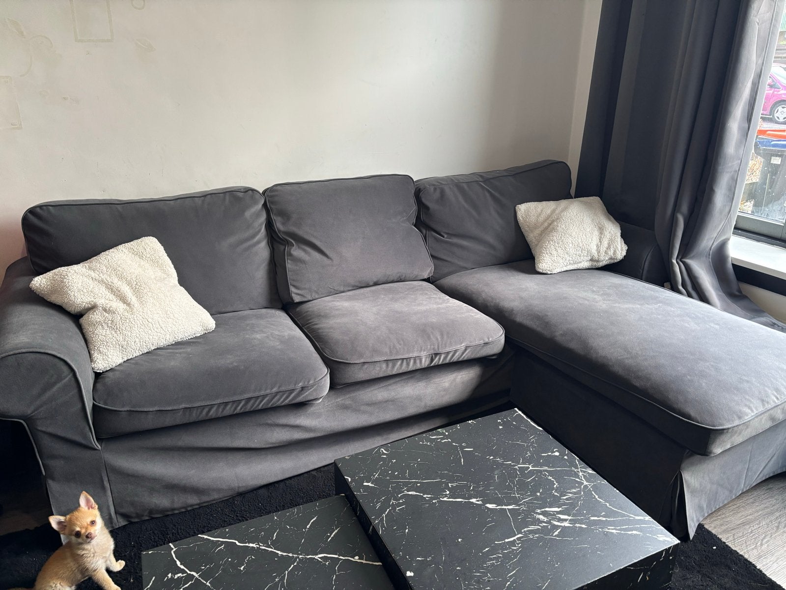 IKEA EKTORP 3-zitsbank met chaise longue, Hakebo donkergrijs, Ophalen, 250 tot 300 cm, Driepersoons, Zo goed als nieuw