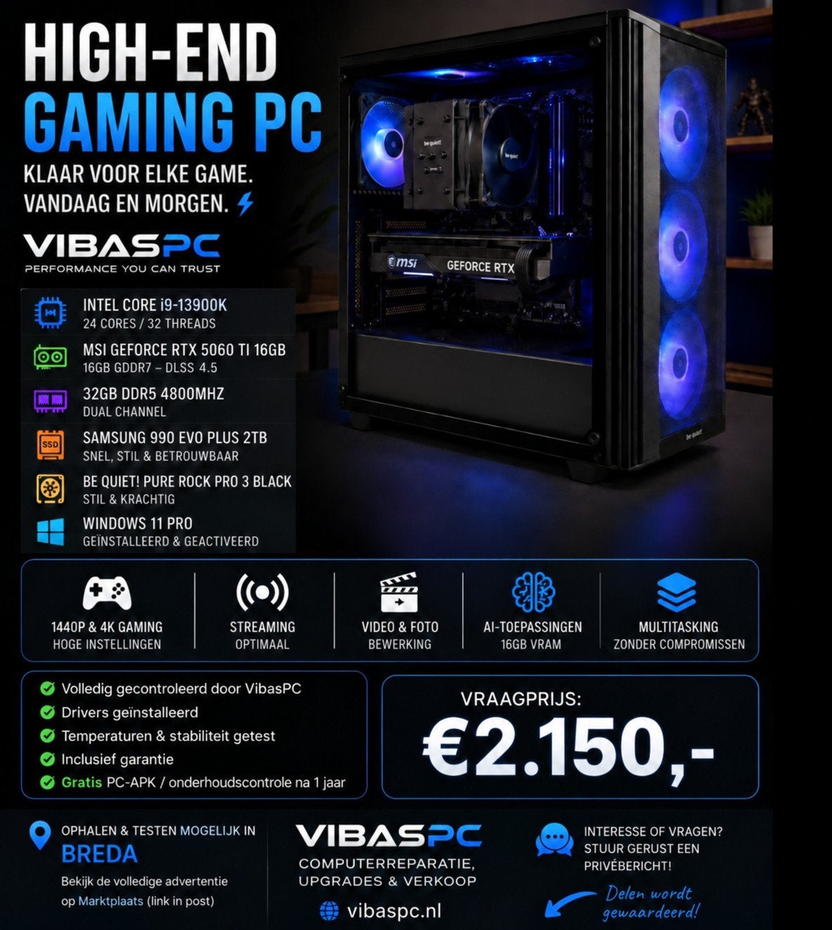 High-End Gaming PC i9-13900K | RTX 5060 Ti 16GB | 32GB DDR5, Ophalen, 64 GB of meer, Intel Core i9, Virtual Reality