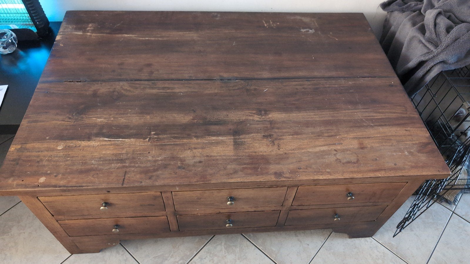 Massief eiken tafel met 6 laden en kist, Ophalen, 50 – 75, Gebruikt, 100 tot 150 cm