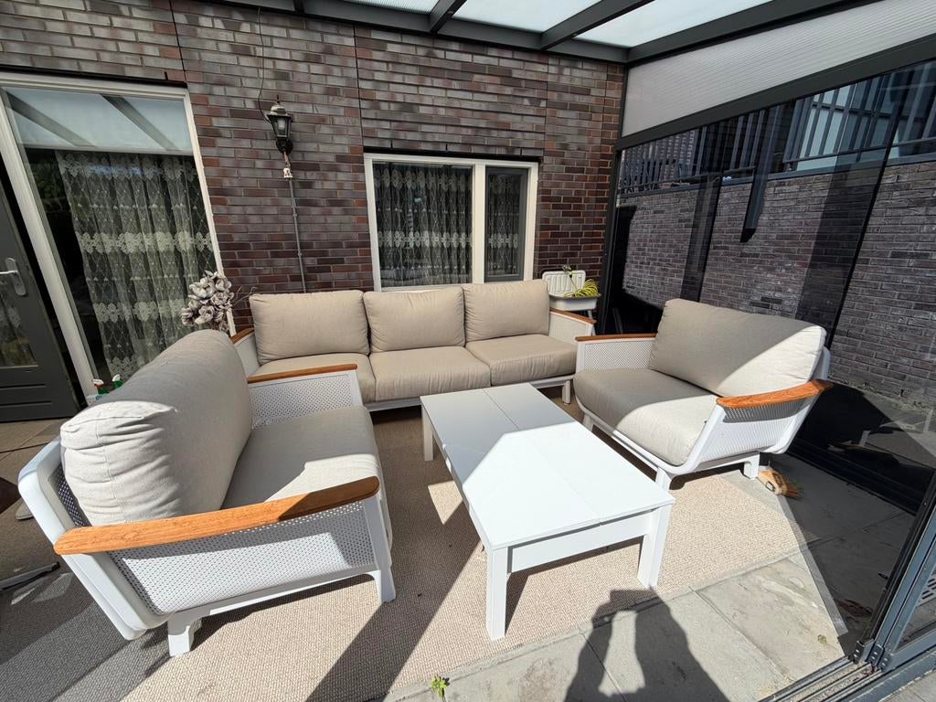 Moderne loungeset Bellagio Sicoro - Wit Aluminium & Hout, Ophalen, 5 zitplaatsen, Aluminium, Zo goed als nieuw