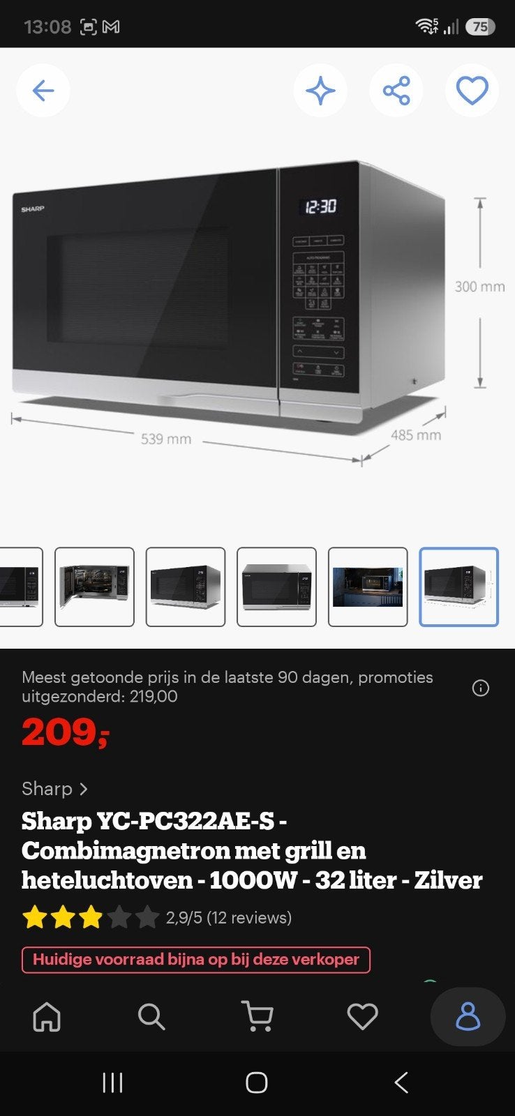 Sharp YC-PC322AE-S Combimagnetron met grill en hete lucht, Ophalen, Combimagnetron, Zo goed als nieuw, Draaiplateau