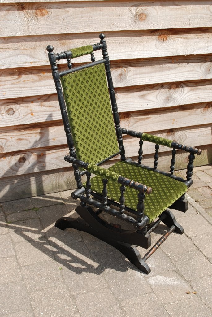 Antieke Schommelstoel van Hout met Groene Bekleding, Ophalen