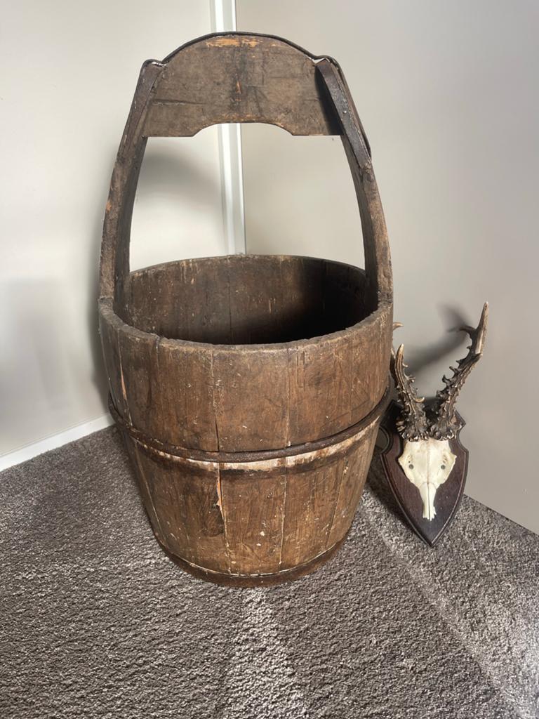 Antieke Houten Emmer - Plukemmer / Decoratie, Ophalen of Verzenden