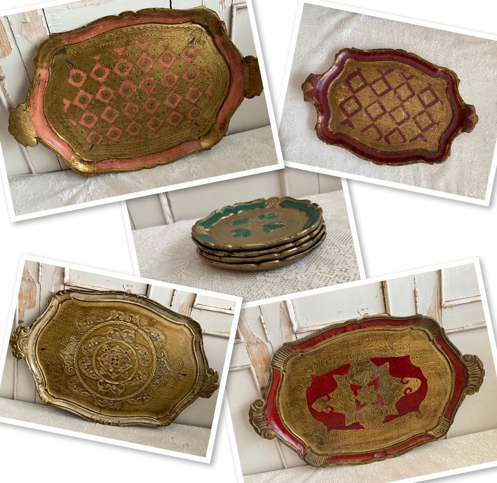 3x Brocante houten Florentijns dienblad & 4 onderzetters, Antiek en Kunst, Ophalen of Verzenden