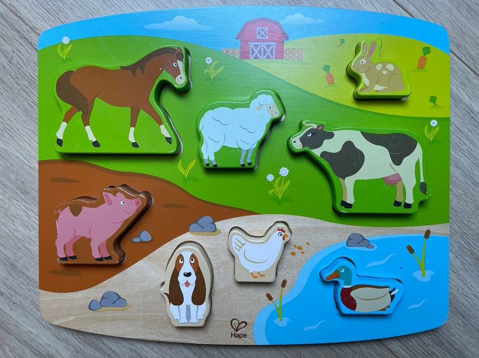 Hape Chunky Houten Boerderij Puzzel - Dubbelzijdig, Gebruikt, Ophalen of Verzenden, Van hout, Minder dan 10 stukjes