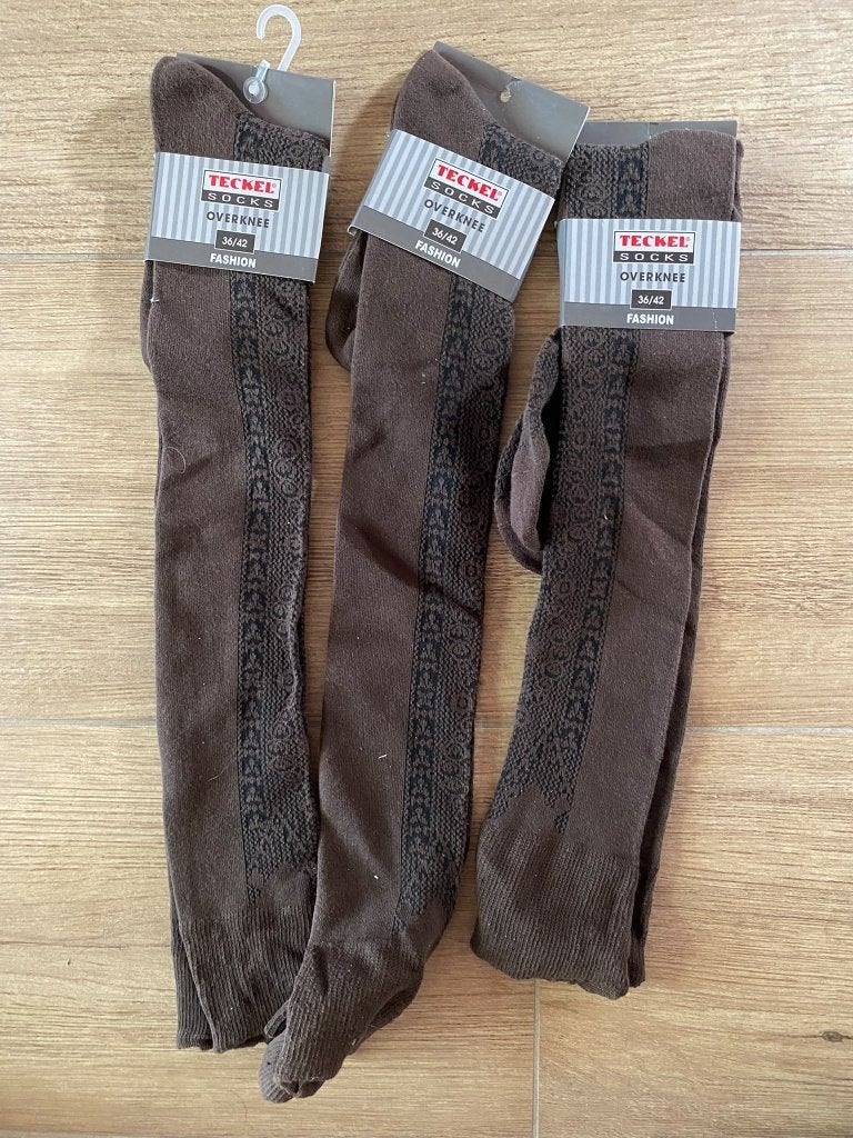 3 paar bruine over-de-knie kousen- Teckel - Maat 36-42, Kleding | Dames, Sokken en Kniesokken, Bruin, Nieuw, Ophalen of Verzenden