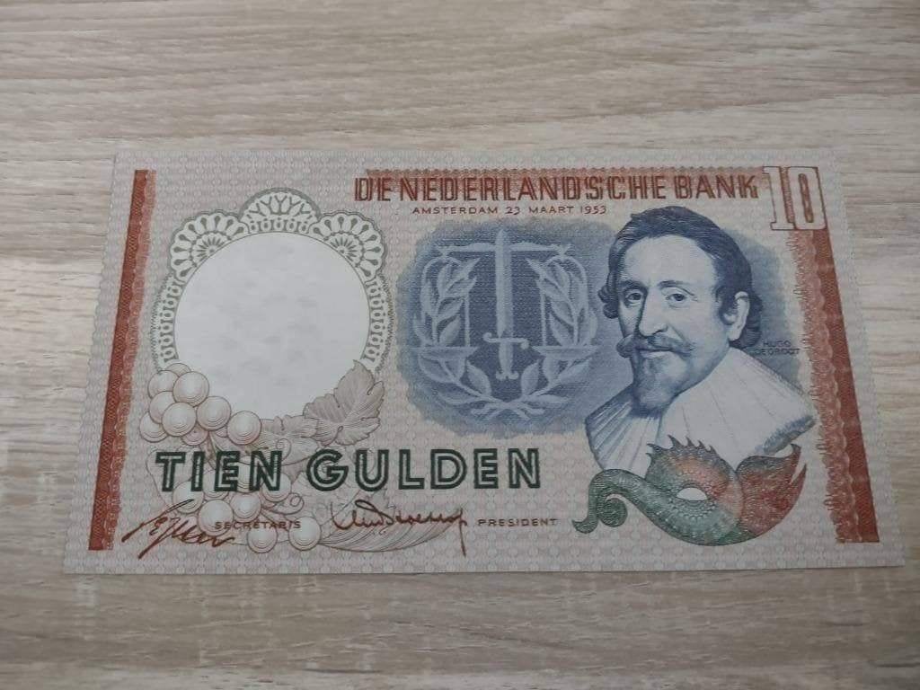 Lastige variant biljet 10 gulden Hugo de Groot 1953, UNC, Ophalen of Verzenden, 10 gulden