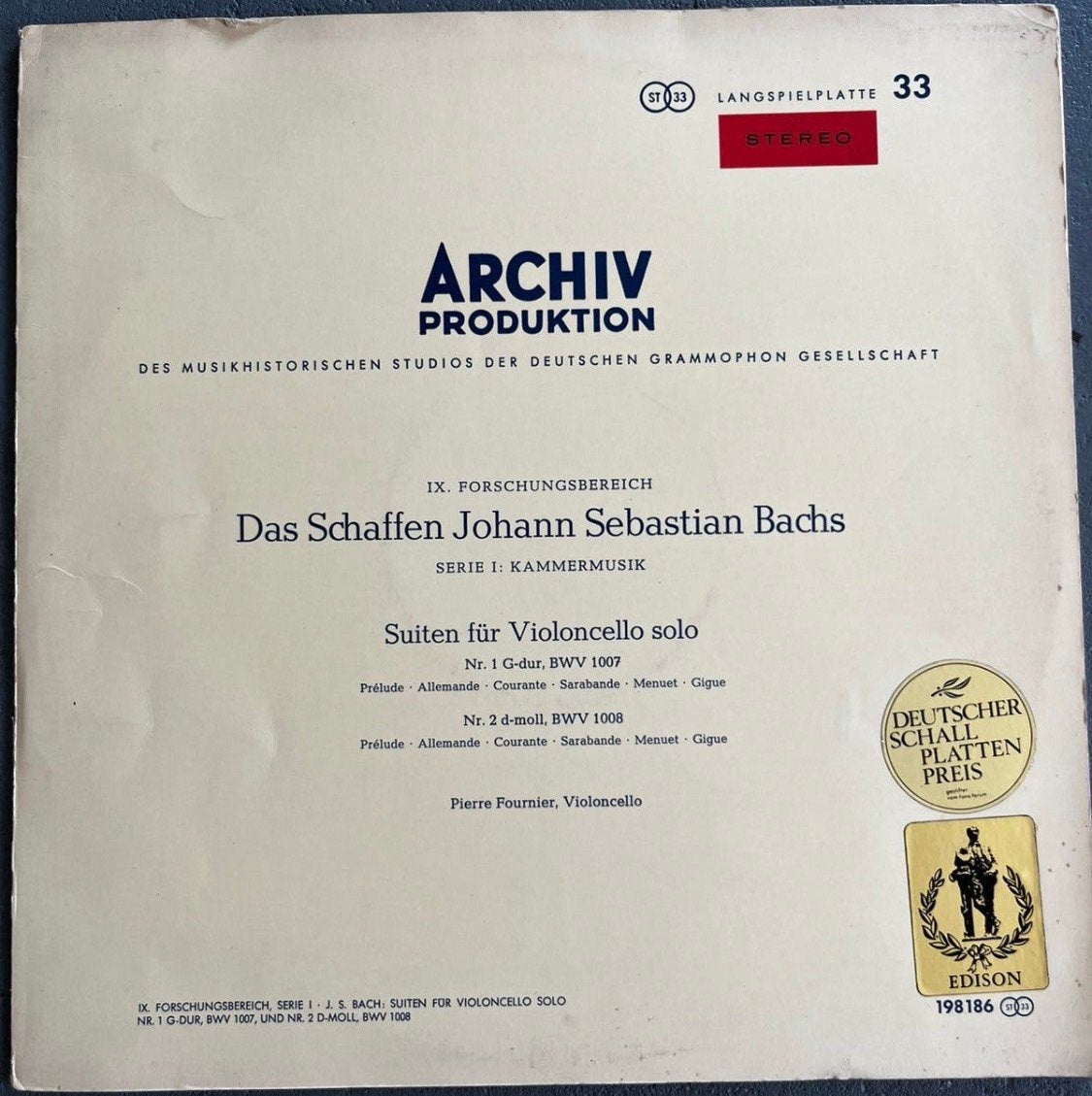 lp klassiek elpee vinyl Bach cello suites 1/2 Fournier, Ophalen, Overige typen, Zo goed als nieuw, 12 inch