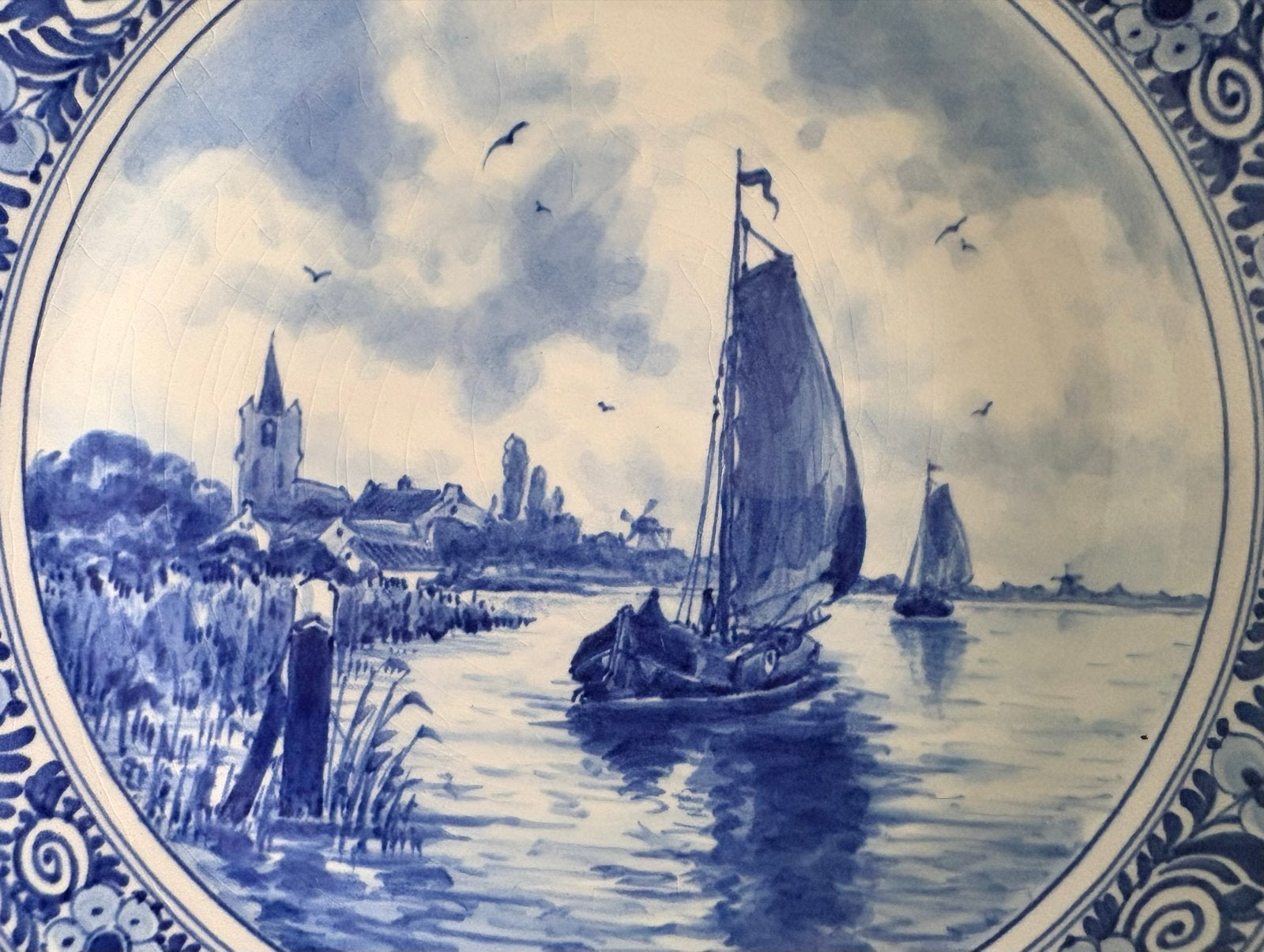 Antiek Delfts Blauw Wandbord - Hollandse Zeilboten, Ophalen of Verzenden