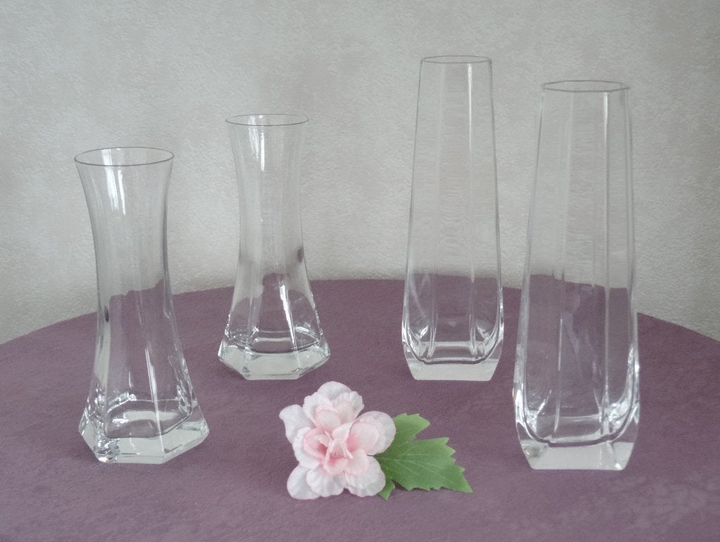 4 vintage glazen vaasjes, 2x 6-hoekig + 2x 8-hoekig, jaren80, Ophalen of Verzenden, Nieuw, Glas