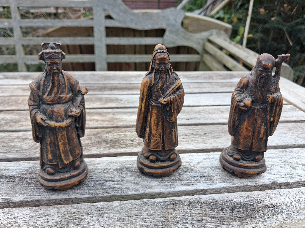 Antieke Caromandelhouten Goden van Wijsheid, Geluk, Ouderdom, Houtsnijwerk, Minder dan 20 cm, Ophalen of Verzenden, Handgemaakt