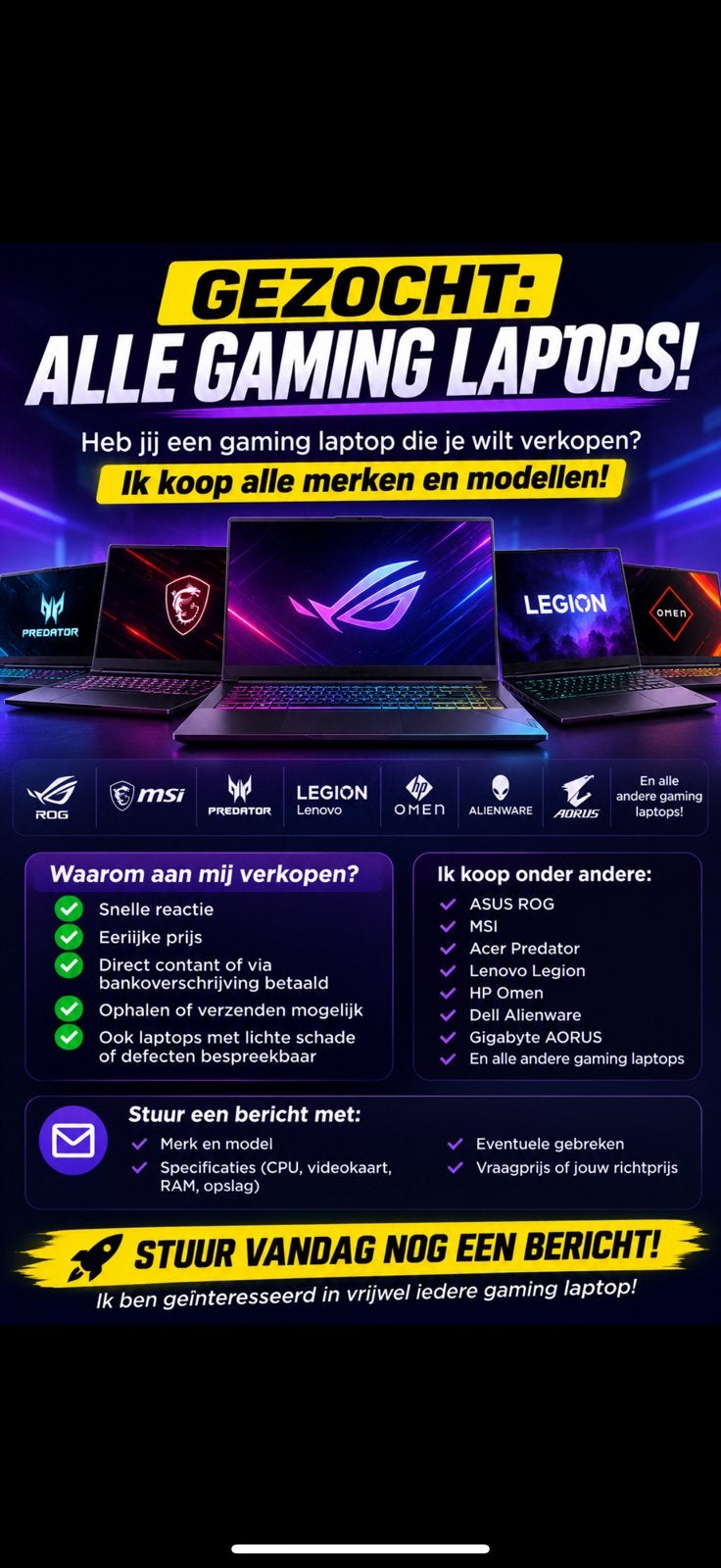 GEZOCHT: ALLE GAMING LAPTOPS!, Computers en Software, Windows Laptops, Ophalen